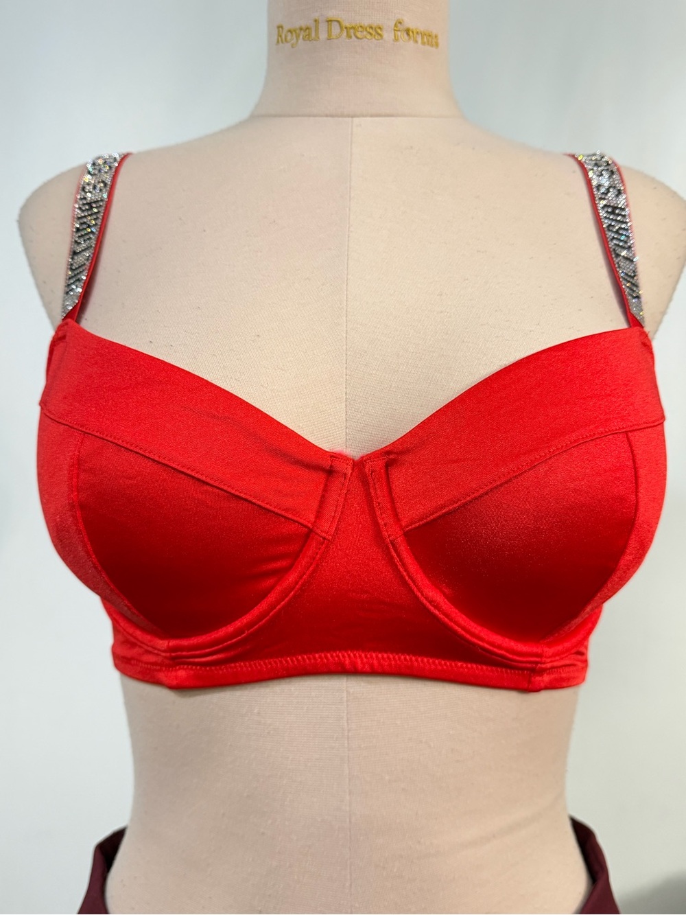 Victoria’s Secret Swim Red Satin Bikini Top Bra Embellished Bling Straps 34DD